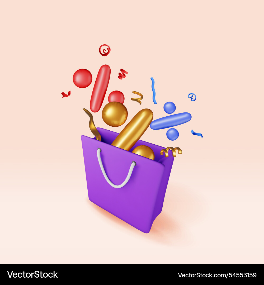 3d shopping bag with percent sign in confetti 3d shopping bag with percent sign in confetti vector image