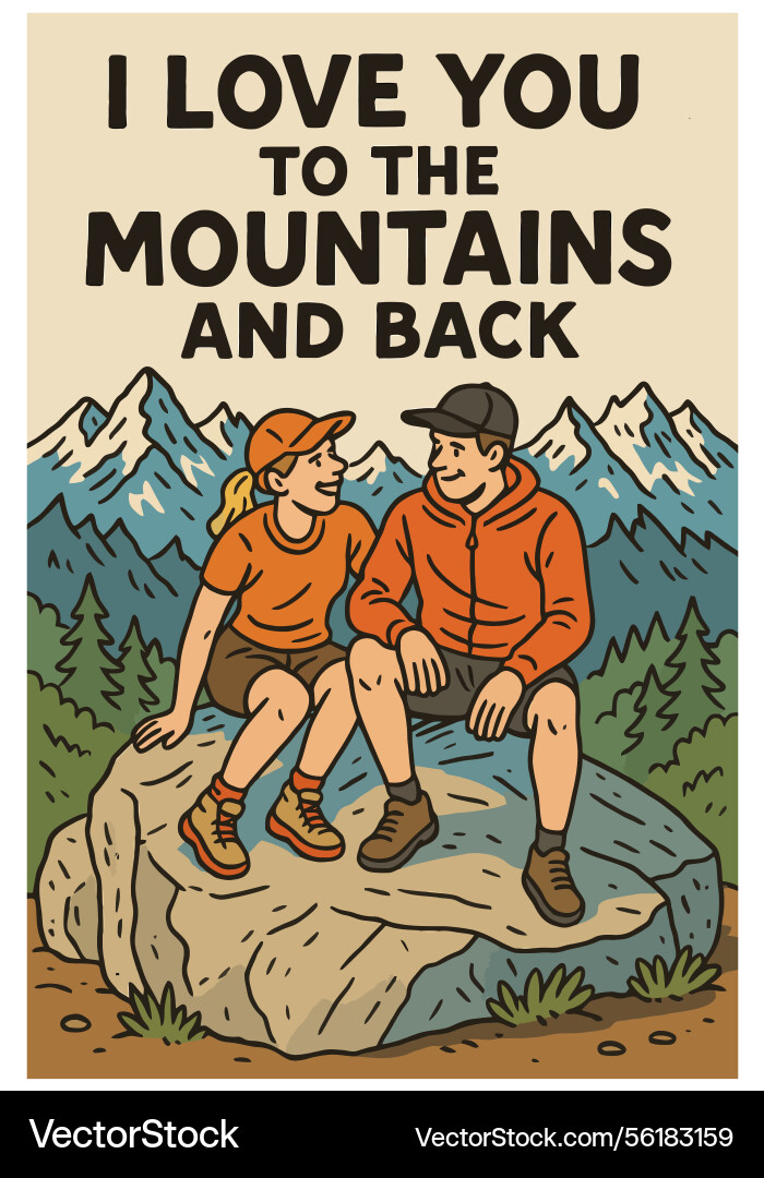 Couple resting on rock with mountains view text Vector Image