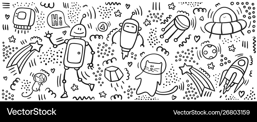 Robot doodle print set space objects Robot doodle print set space objects vector image