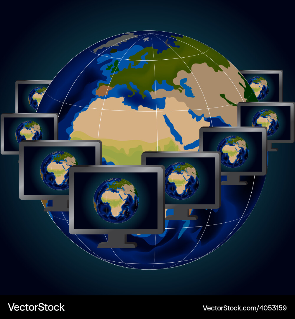 Several computer monitors over background of globe Vector Image