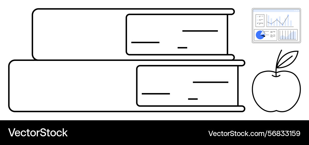 Stacked books with apple and data chart vector image