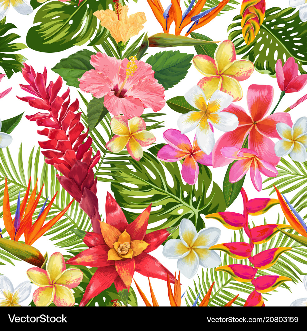 Tropical flowers and palm leaves seamless pattern Tropical flowers and palm leaves seamless pattern vector image
