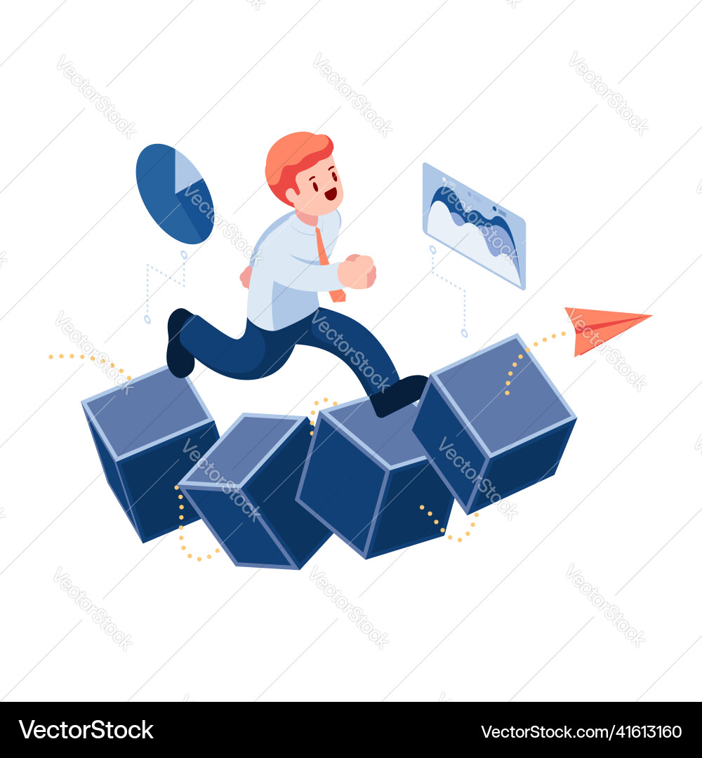 Isometric businessman running on blockchain Vector Image