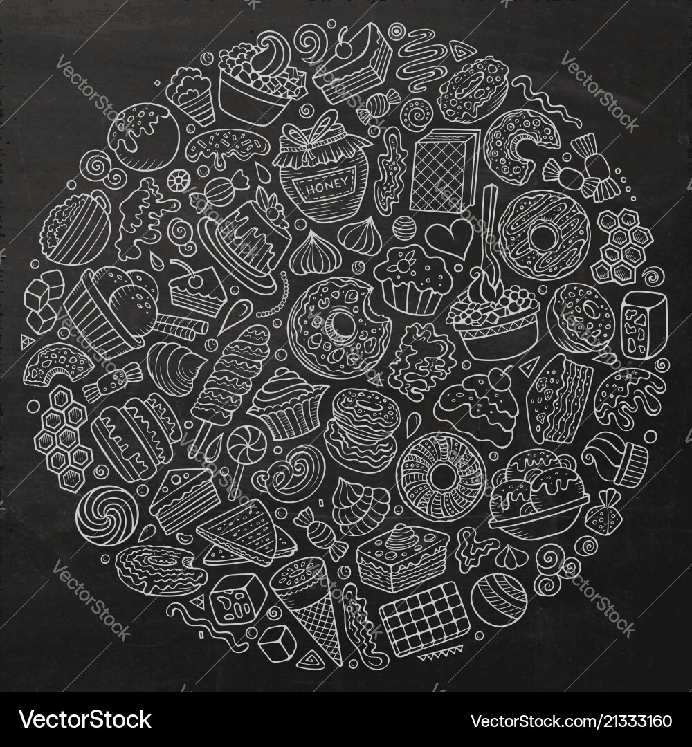 Set of sweet food cartoon doodle objects symbols Set of sweet food cartoon doodle objects symbols vector image