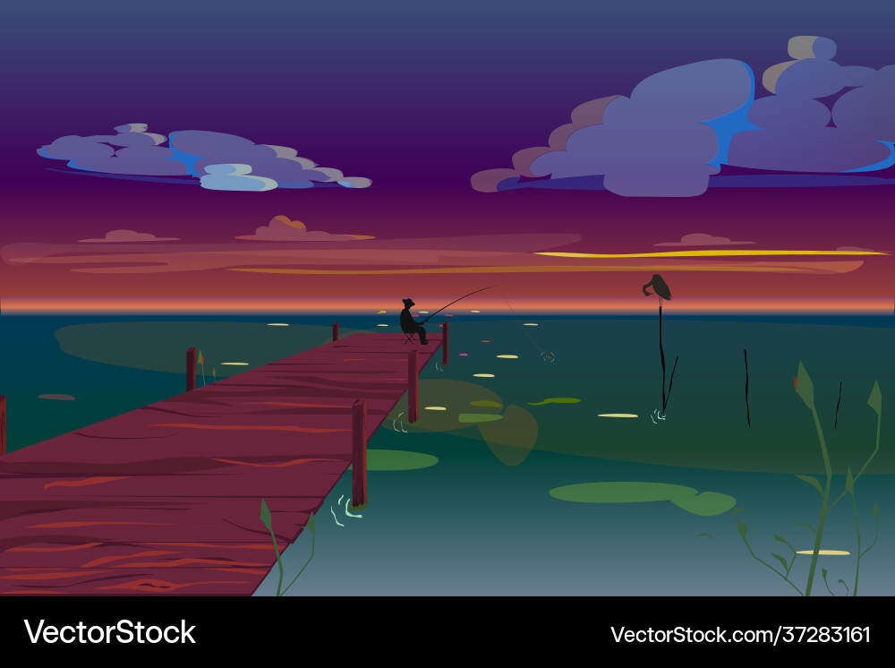 A fisherman sits in night on pier and fishes A fisherman sits in night on pier and fishes vector image