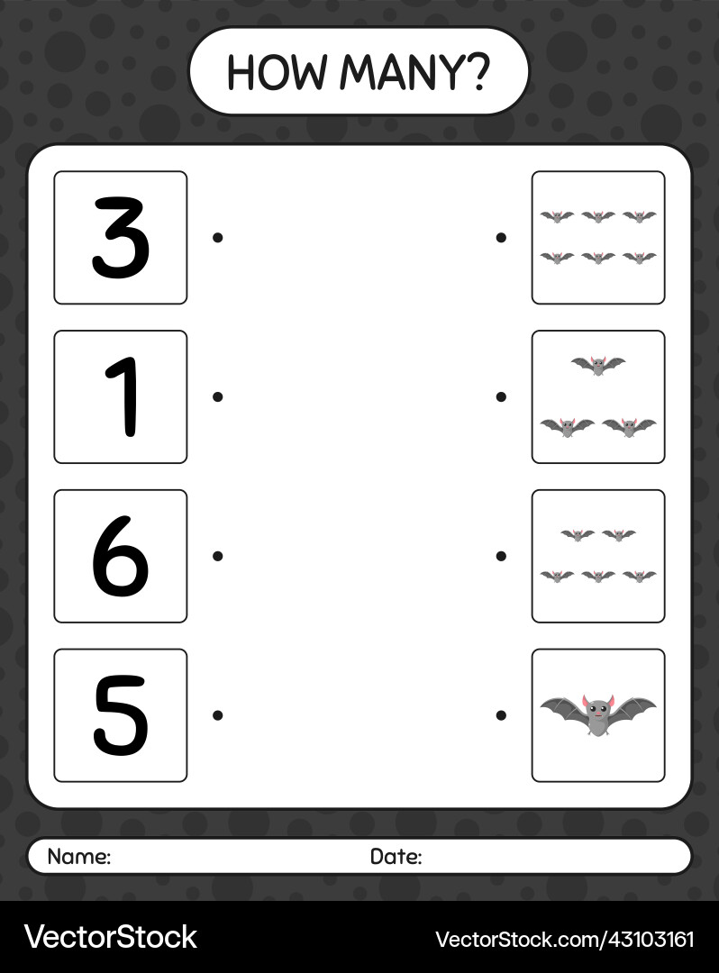 How many counting game with bat worksheet Vector Image