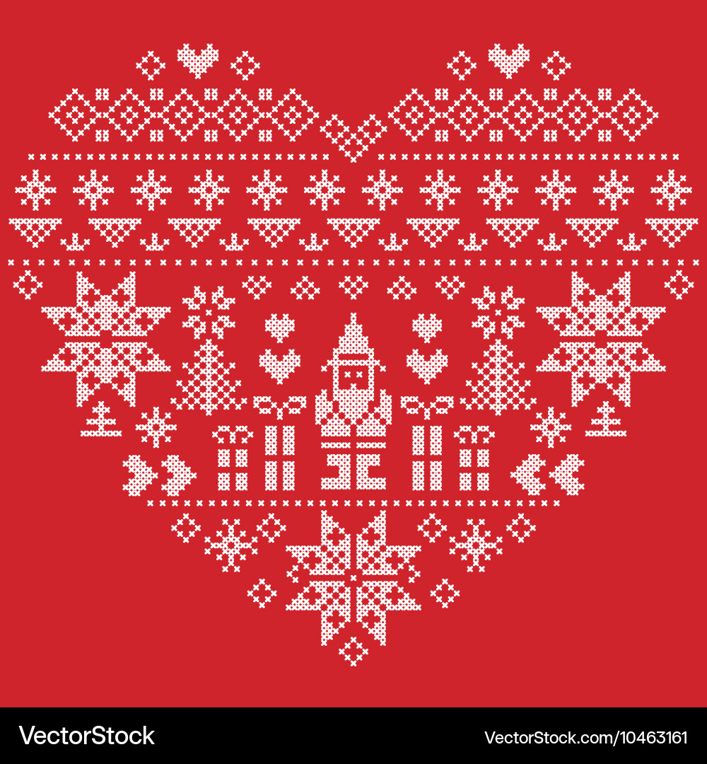 Nordic pattern in hearts shape with santa on red vector image