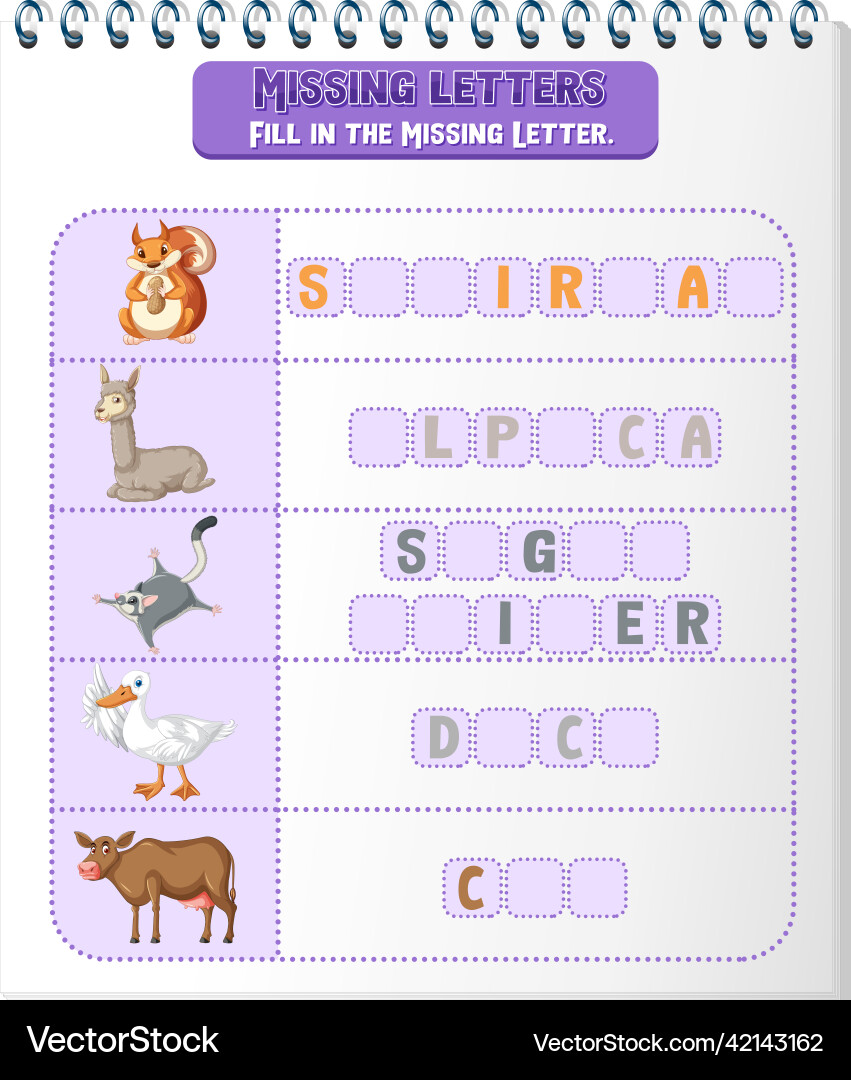 Fill the missing letter of each word worksheet Vector Image