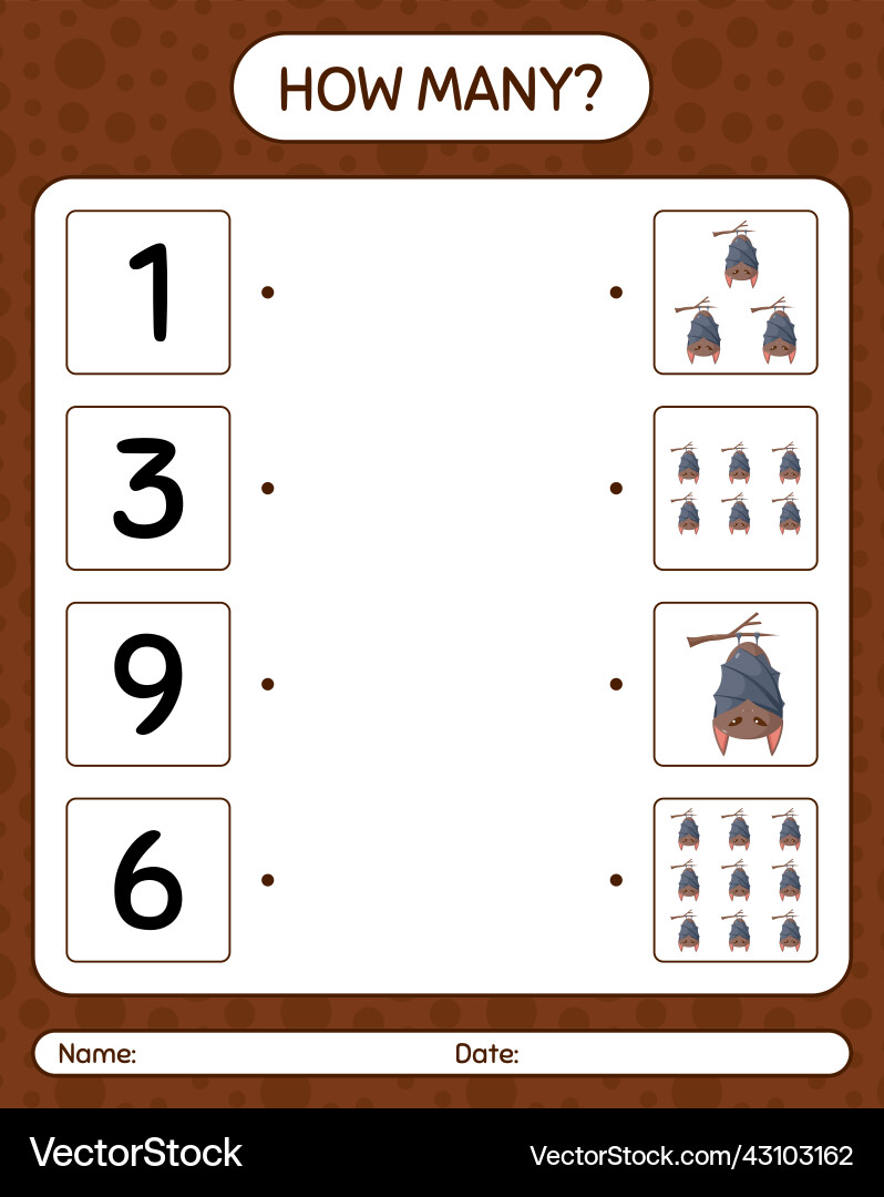 How many counting game with bat worksheet vector image