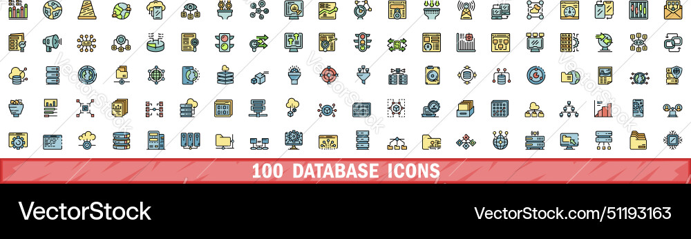 100 database icons set color line style 100 database icons set color line style Vector Image