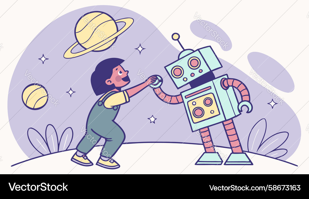 Child with Robot in Space Vector Image