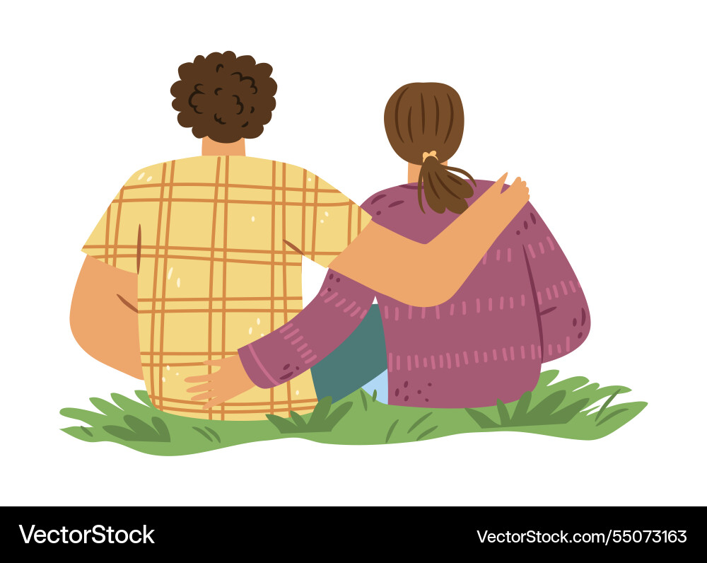 Couple on camping man and woman sitting grass Couple on camping man and woman sitting grass vector image
