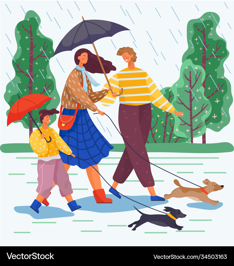 Happy Familientagswanderung mit Hunden im Park Happy Familientagswanderung mit Hunden im Park vektorbild