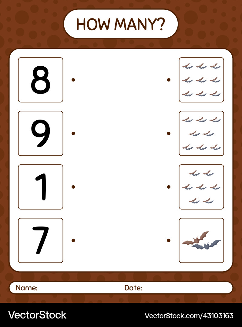 How many counting game with bat worksheet How many counting game with bat worksheet vector image