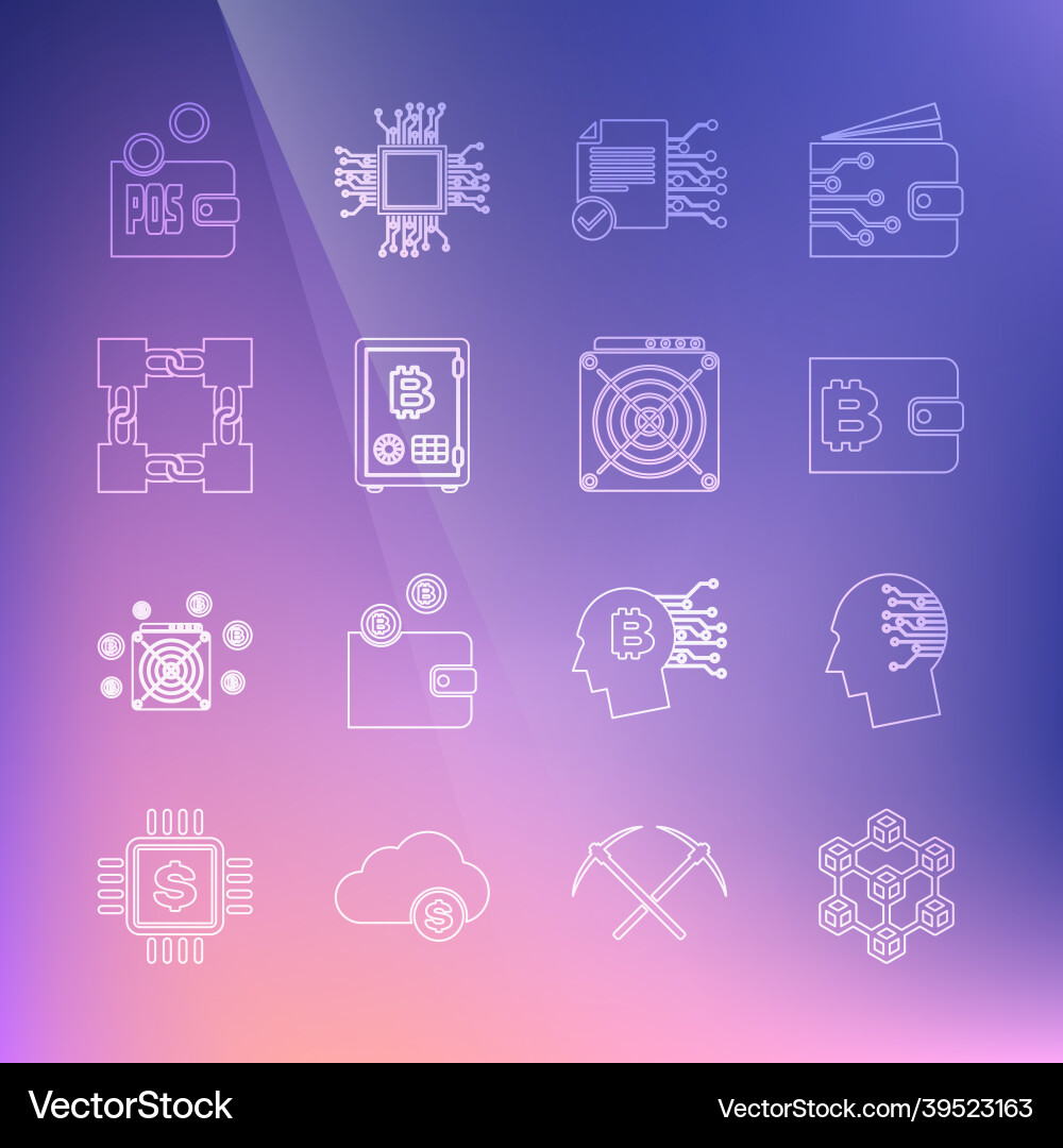 Set line blockchain technology brain as digital Set line blockchain technology brain as digital vector image