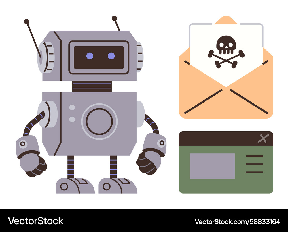 Robot alongside malware email and popup window Robot alongside malware email and popup window Vector Image