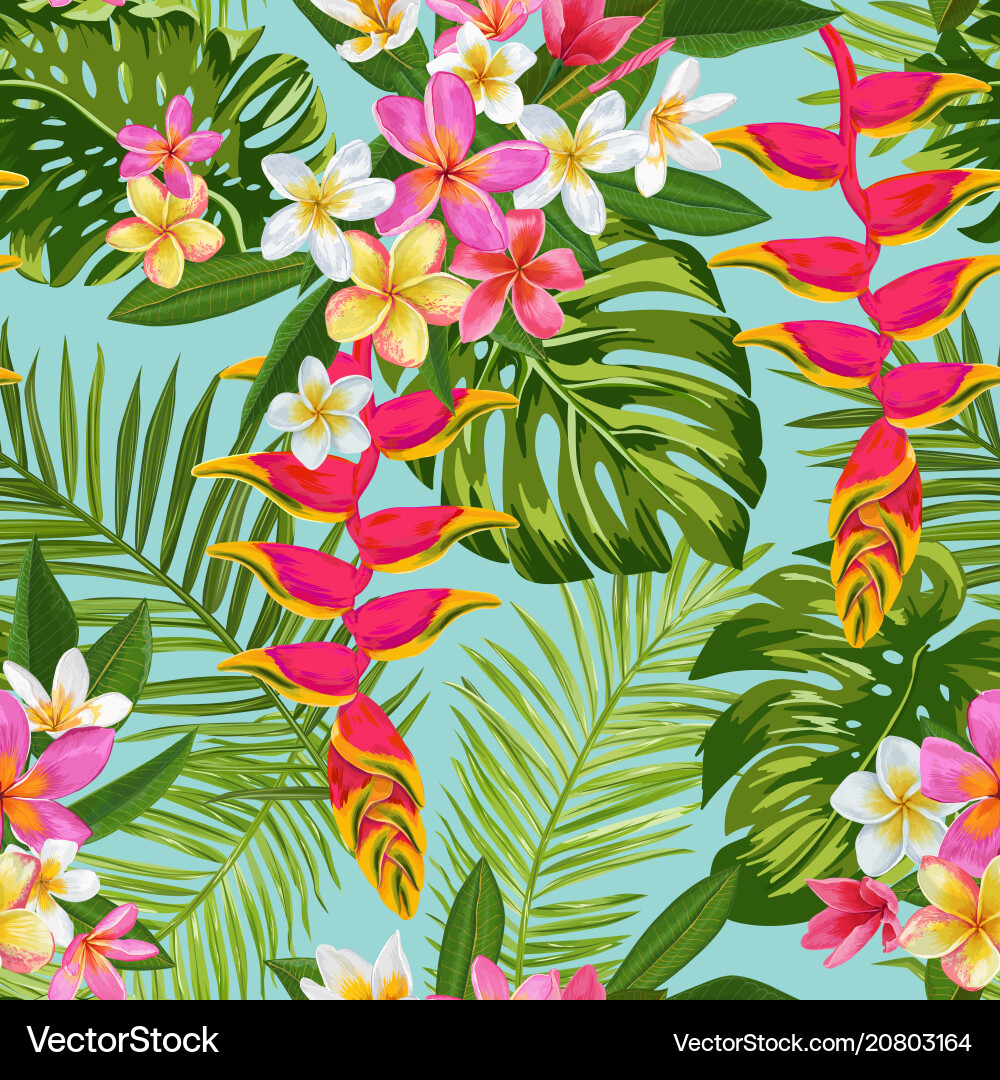 Tropical flowers and palm leaves seamless pattern Tropical flowers and palm leaves seamless pattern vector image