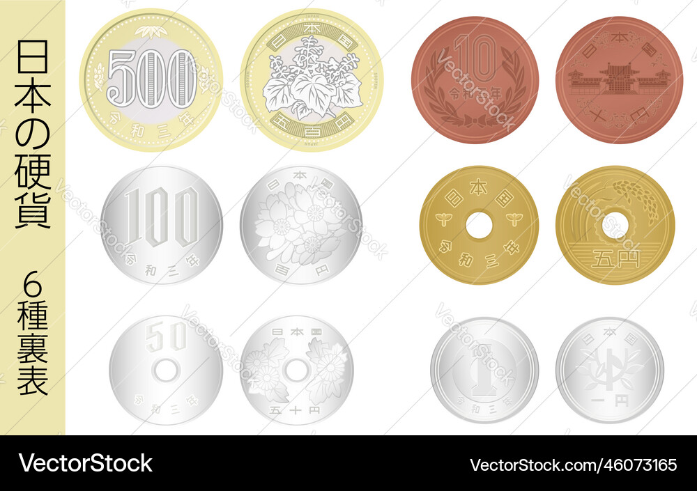 6 Arten von japanischen Yen Münzen hinten und vorne 6 Arten von japanischen Yen Münzen hinten und vorne vektorbild