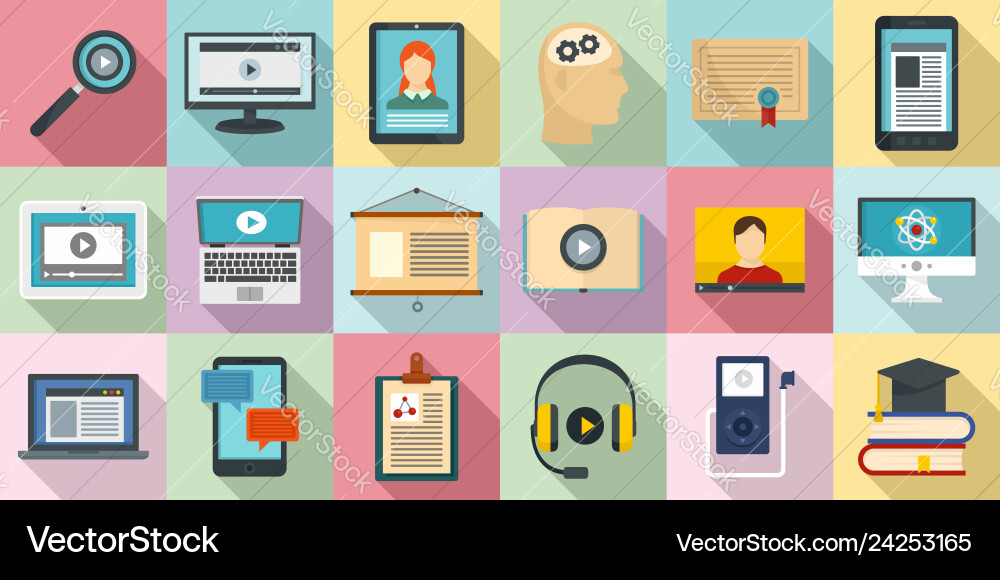 Interactive learning icons set flat style Interactive learning icons set flat style vector image
