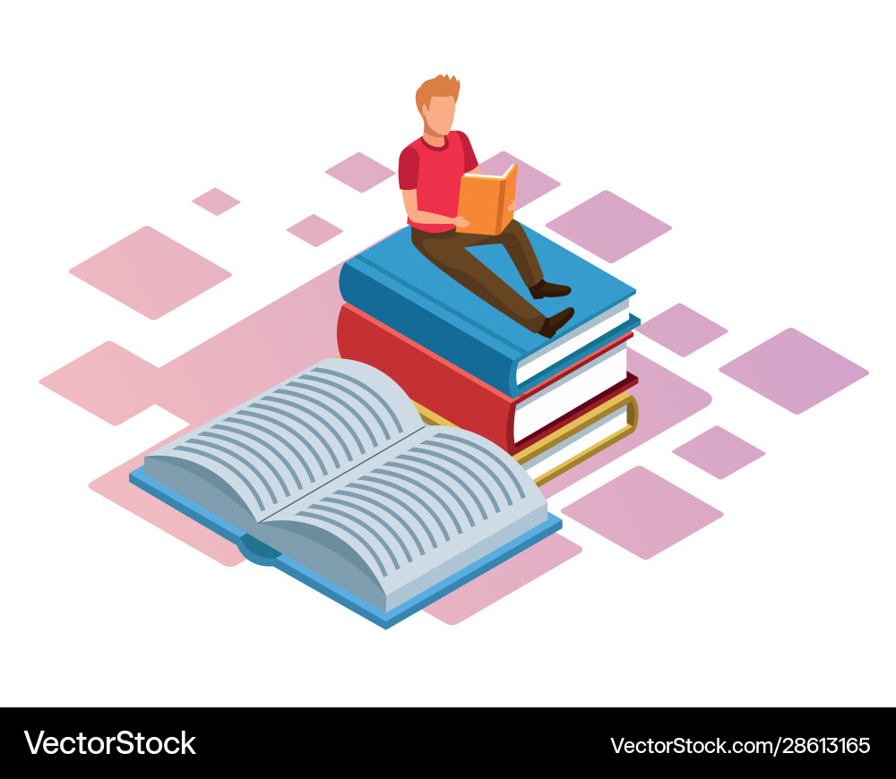Man reading a book on stack books Vector Image