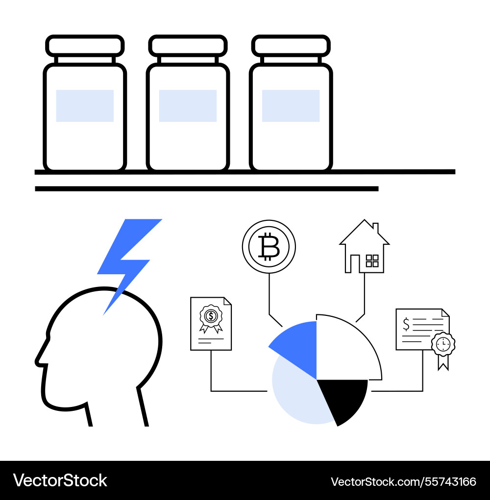 Medication bottles and mind with data connections Medication bottles and mind with data connections vector image