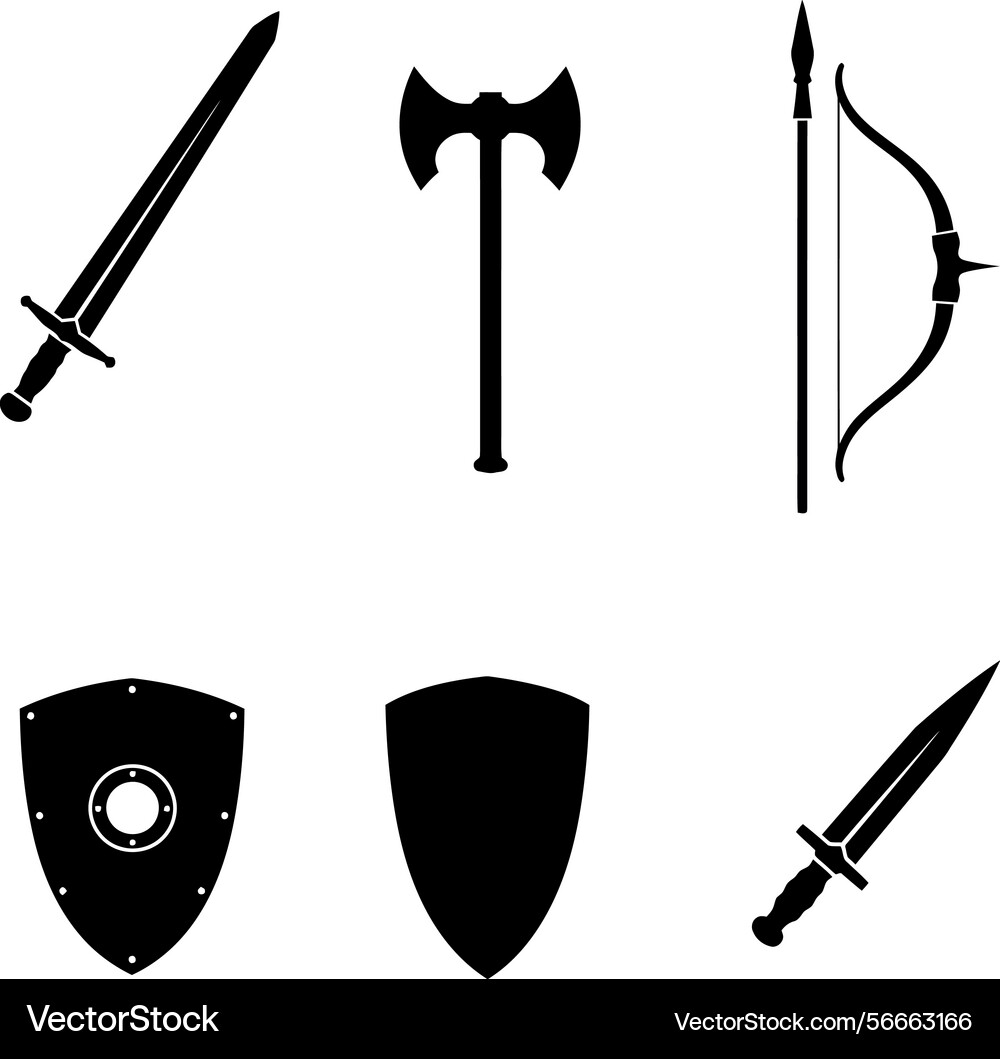 Medieval weapons and shield collection with sword Vector Image
