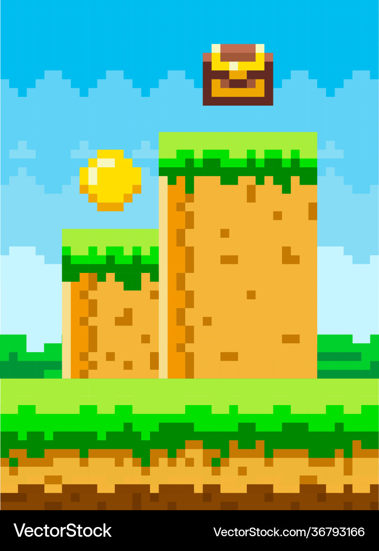 Pixel-game background with coins in sky pixel art Pixel-game background with coins in sky pixel art vector image