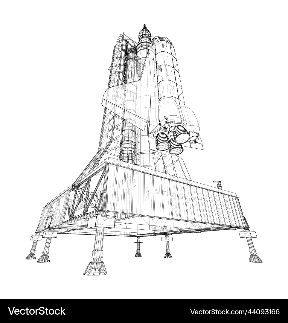 Space rocket on launch pad rendering of 3d vector image