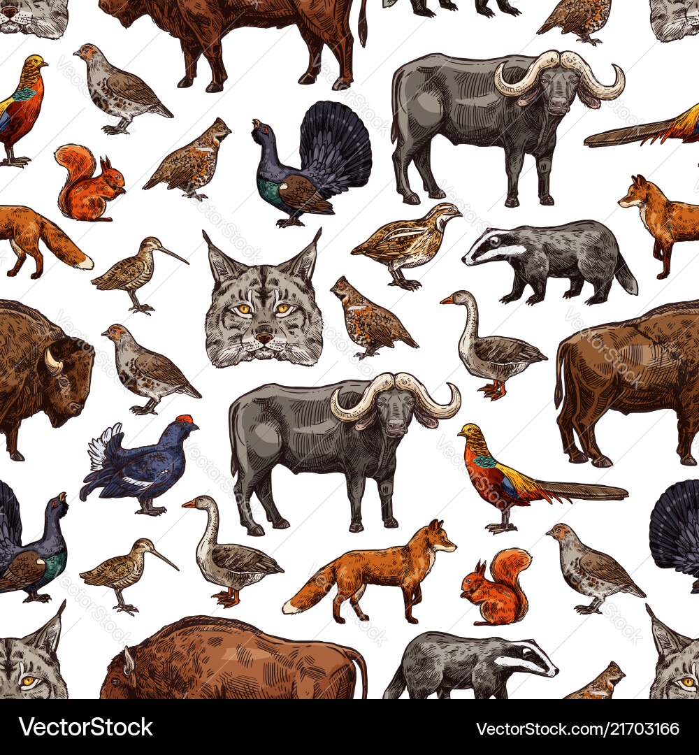 Wild animals sketch seamless pattern background vector image