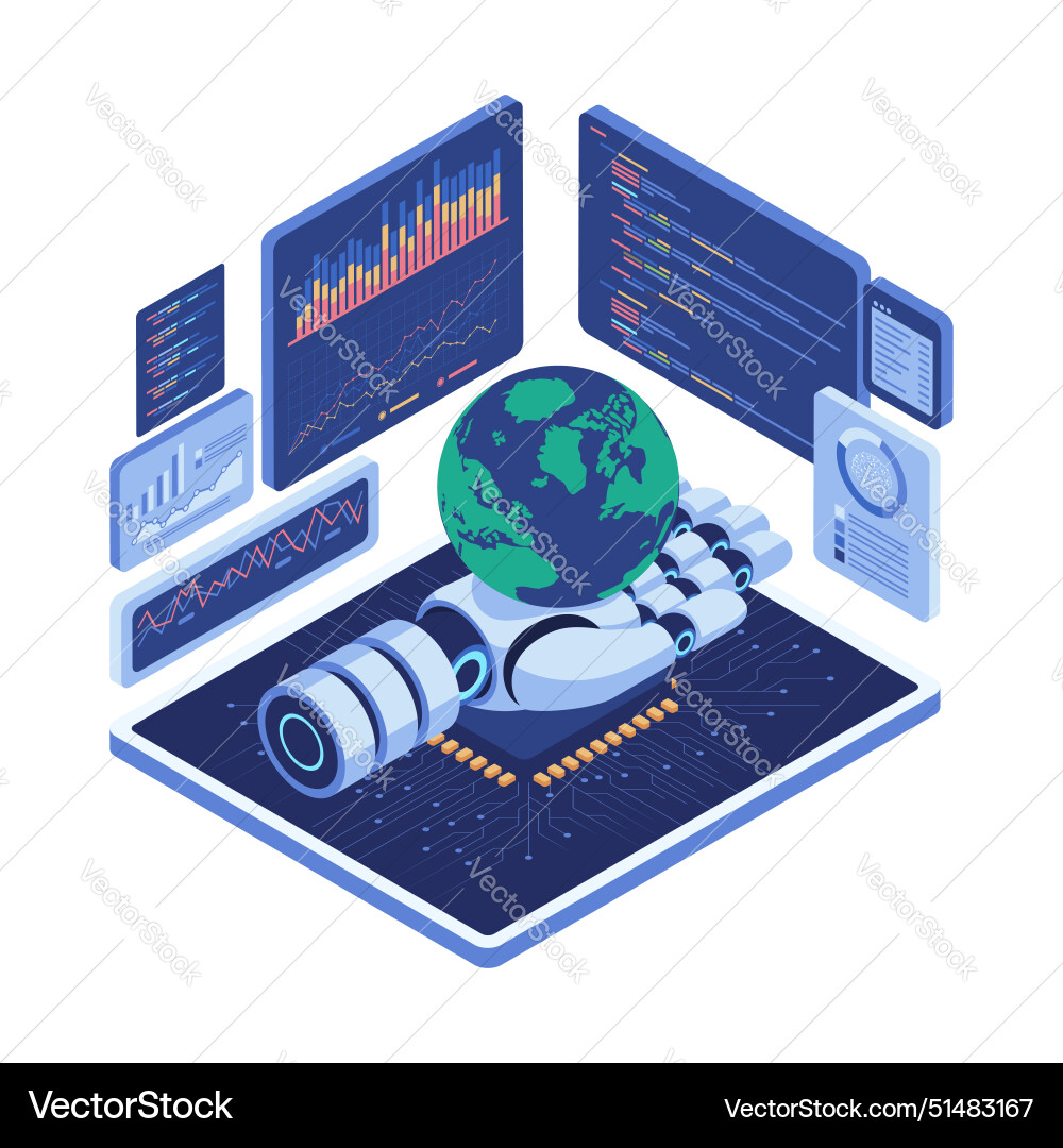 Isometric ai robot holding world with global data Isometric ai robot holding world with global data vector image