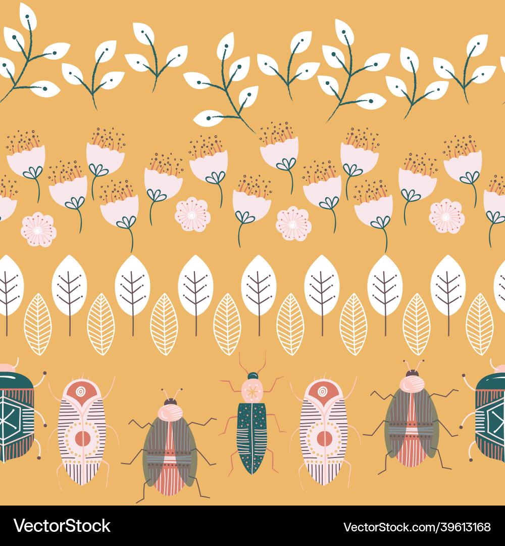 Bugs and botanicals seamless borders set Vector Image