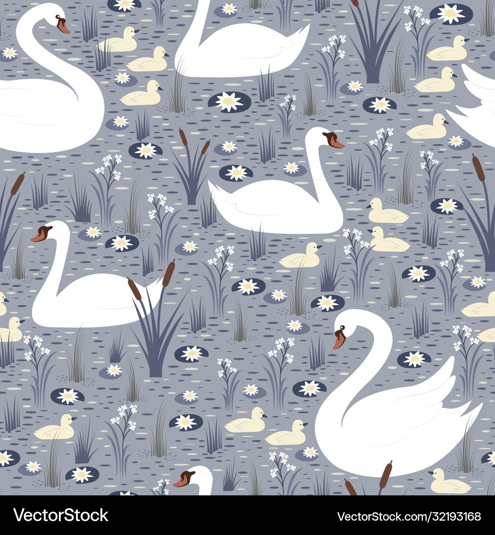 Elegant white swans with chicks swim in pond Elegant white swans with chicks swim in pond vector image