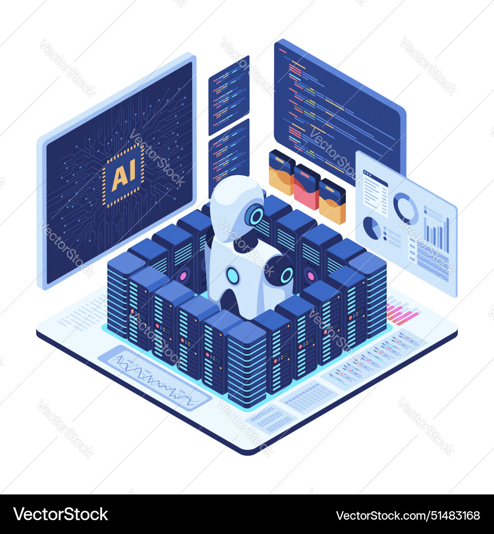 Isometric ai robot in server room with data Vector Image