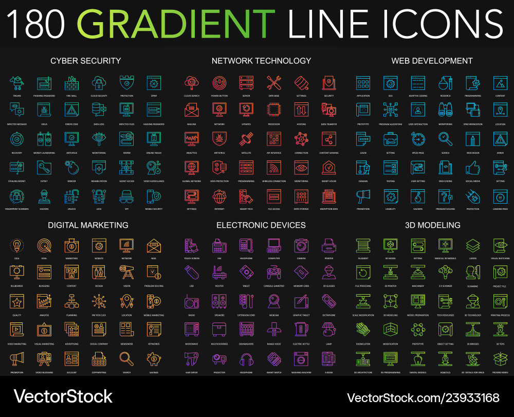 Modern Gradient Line Icons - Cyber Security & Tech vector image