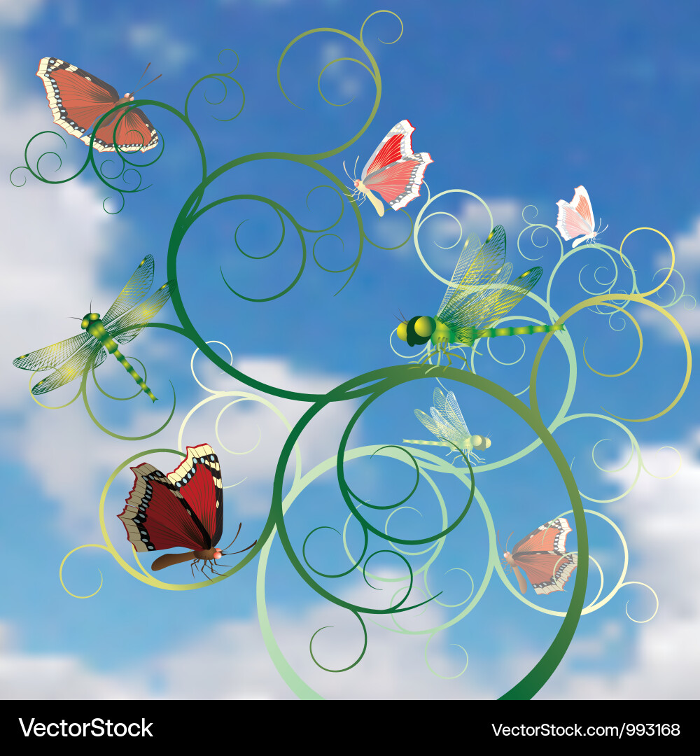 Tree with butterflies and dragonflies Vector Image