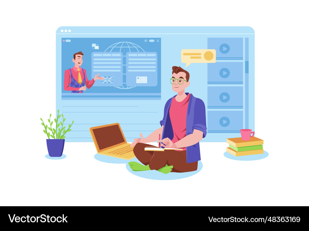 Man learning different foreign languages online Man learning different foreign languages online Vector Image