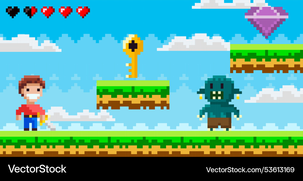 Retro pixel art video game with character key Retro pixel art video game with character key vector image