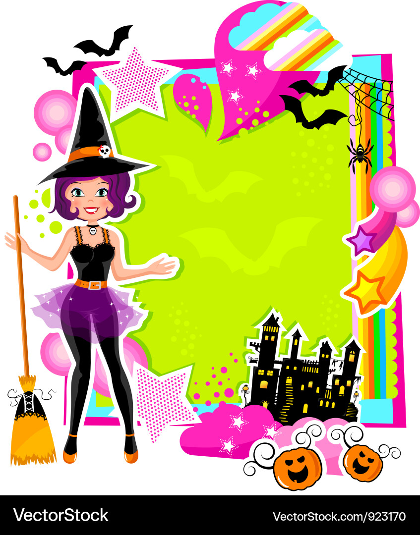 Halloween Card mit Hexe und Kürbisse Vektorbild