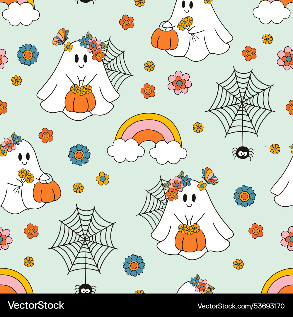 Seamless pattern with cute ghosts and rainbow Seamless pattern with cute ghosts and rainbow vector image