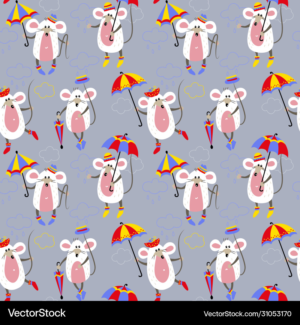 Seamless pattern with mice umbrellas and clouds Vector Image