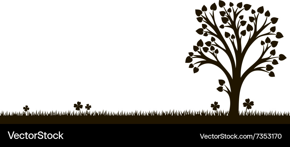 Silhouette von Baum mit Blättern bei Gras Vektorbild