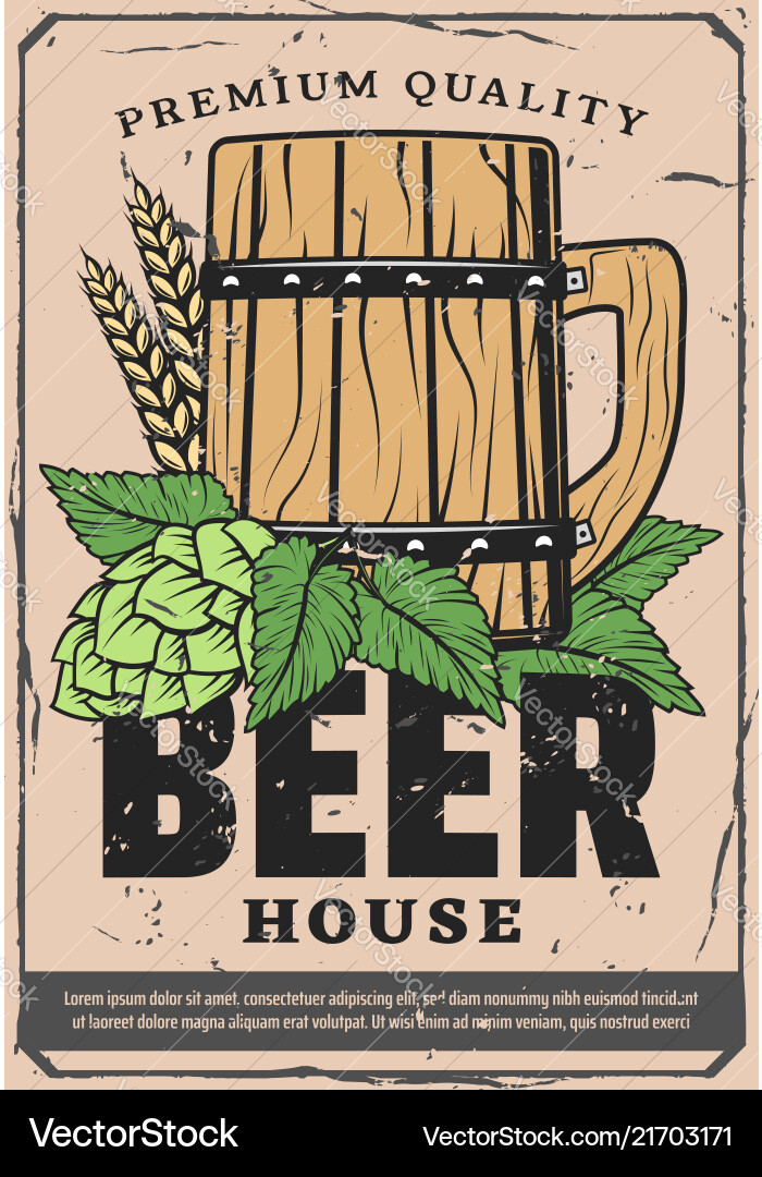Beer house retro poster with craft wooden pint Beer house retro poster with craft wooden pint vector image