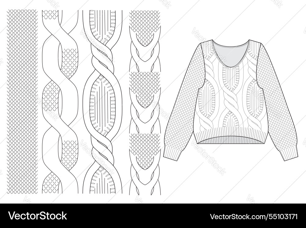 Braids with dropped loops and pearl pattern set Braids with dropped loops and pearl pattern set vector image