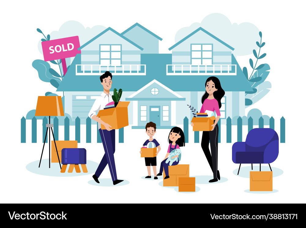 Happy family with two kids move to their new house Happy family with two kids move to their new house vector image