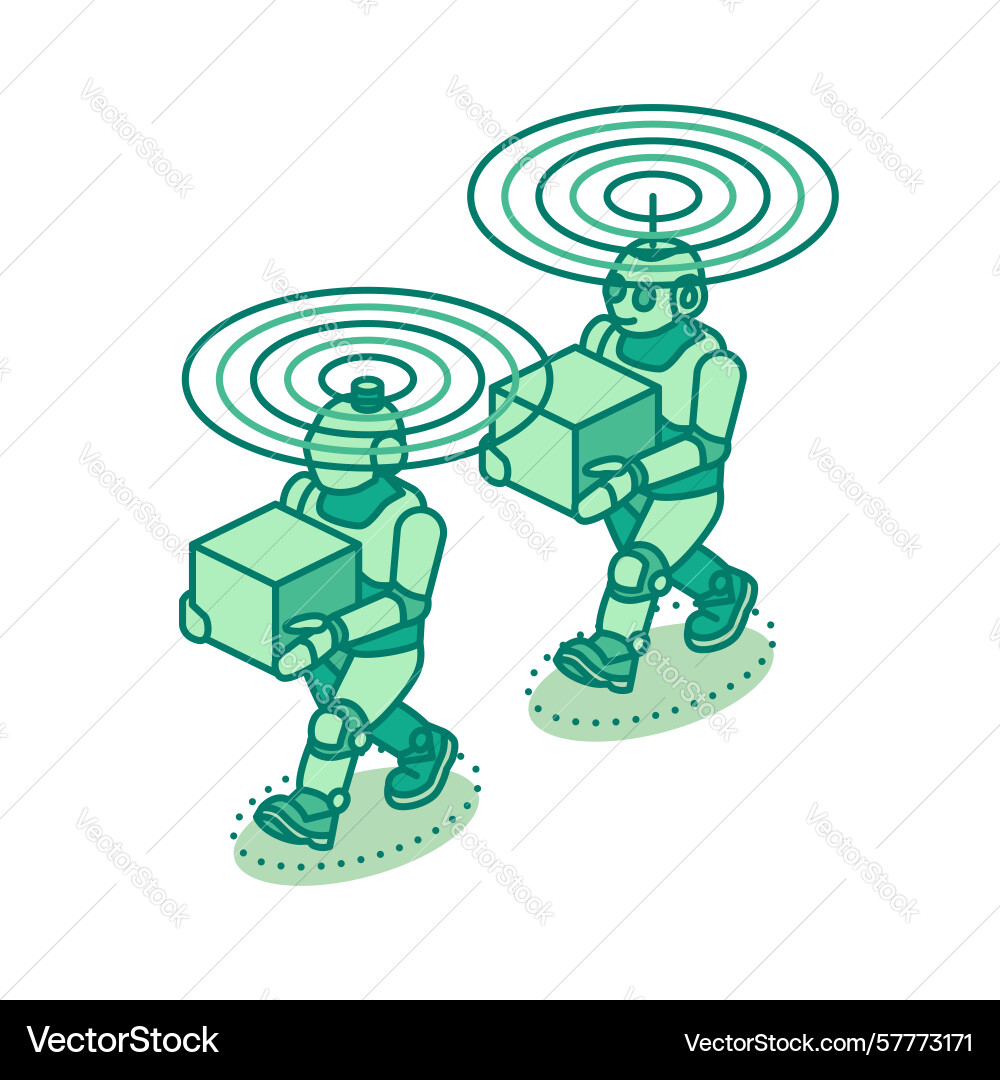 Isometric two robots carrying boxes with wireless Isometric two robots carrying boxes with wireless vector image