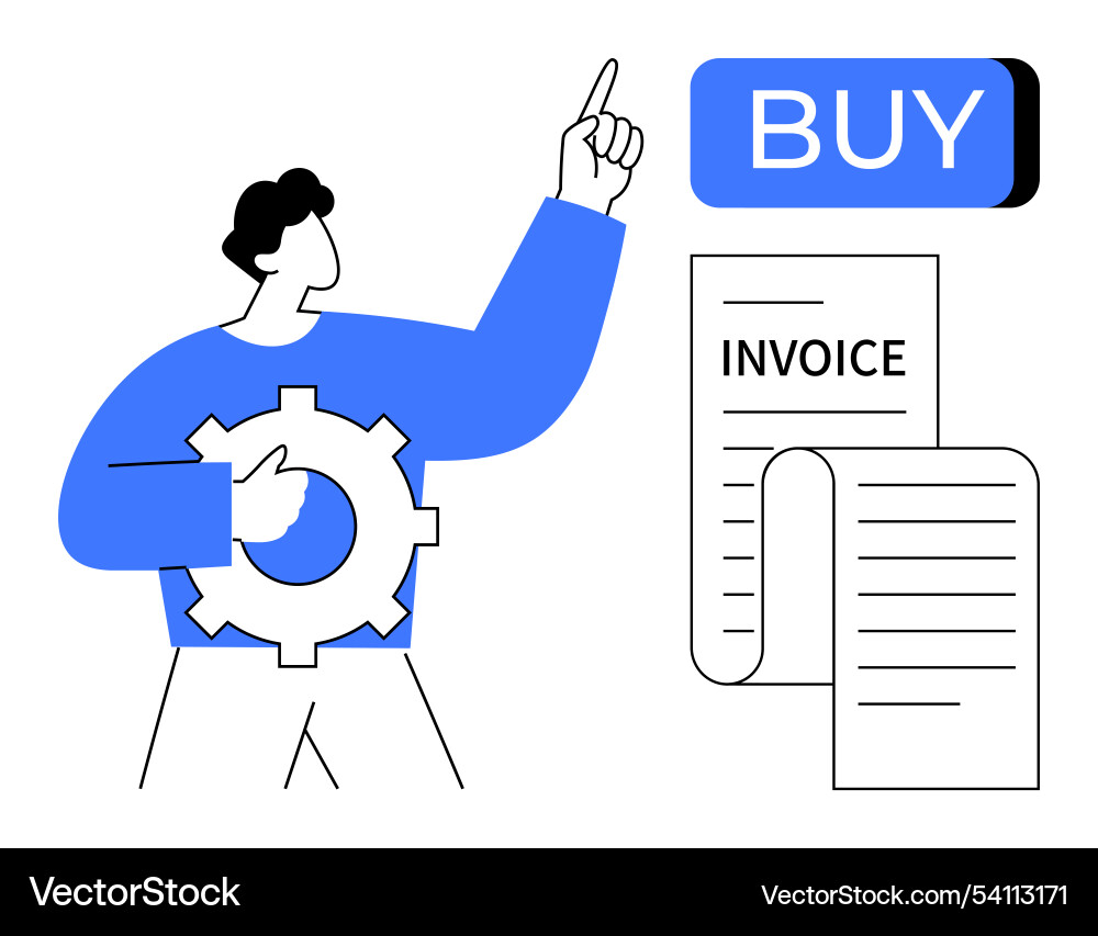 Man pointing to buy button with invoice and gear Man pointing to buy button with invoice and gear Vector Image