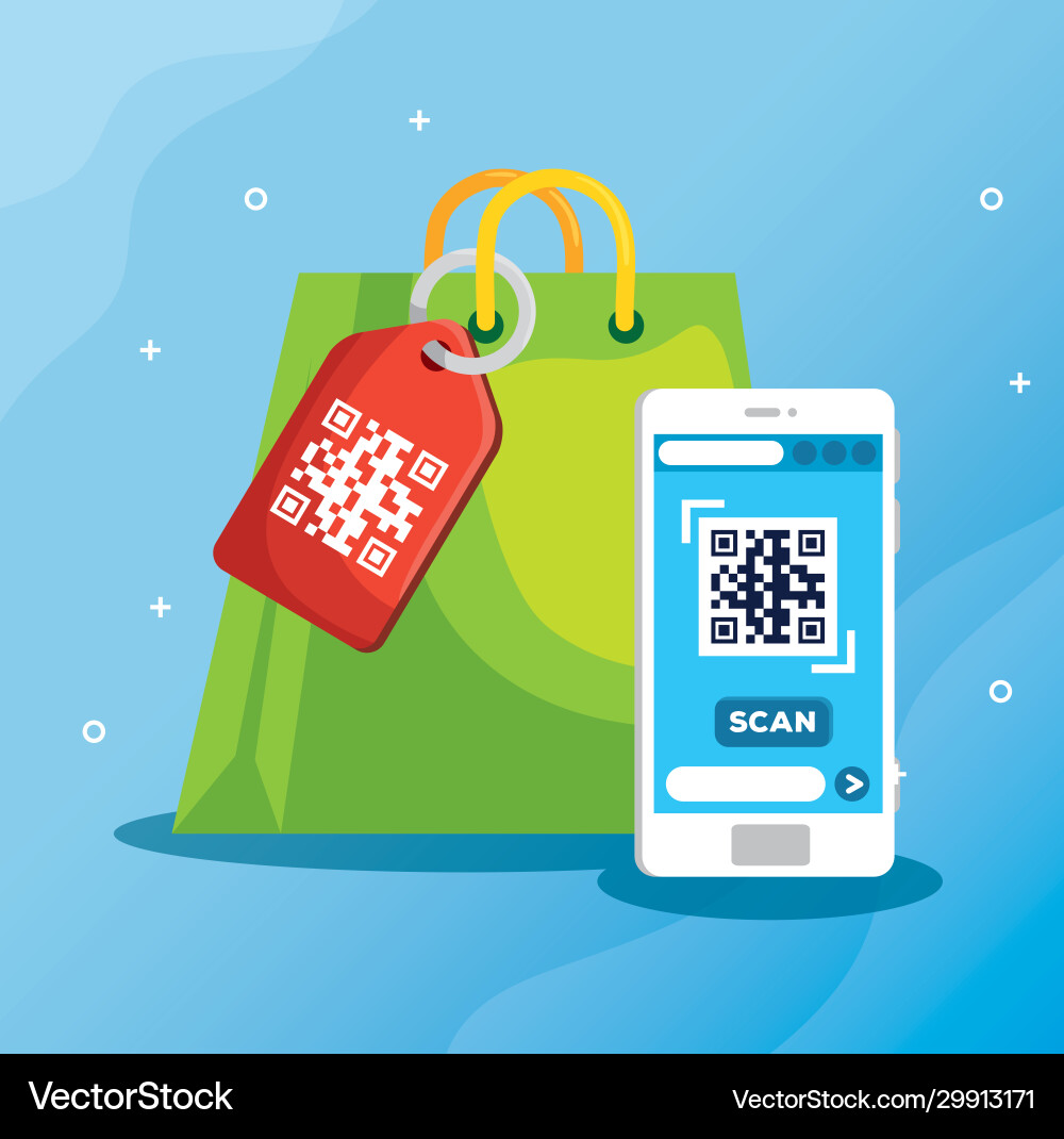 Scan code qr with smartphone and bag shopping vector image