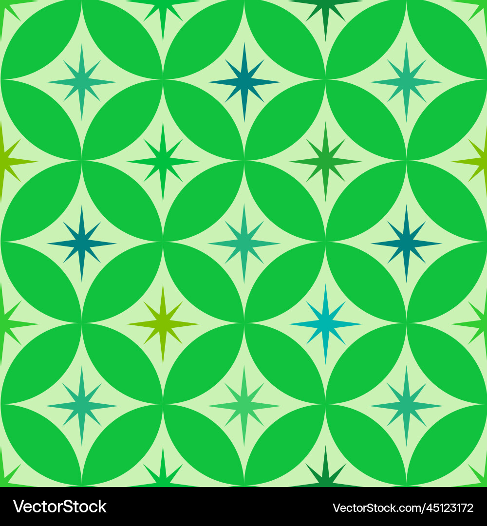 Atomic stars on green circles seamless pattern vector image