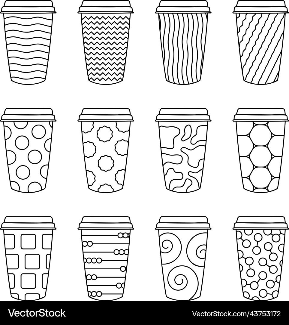 Isolated set of 12 paper texture pattern cups Isolated set of 12 paper texture pattern cups Vector Image