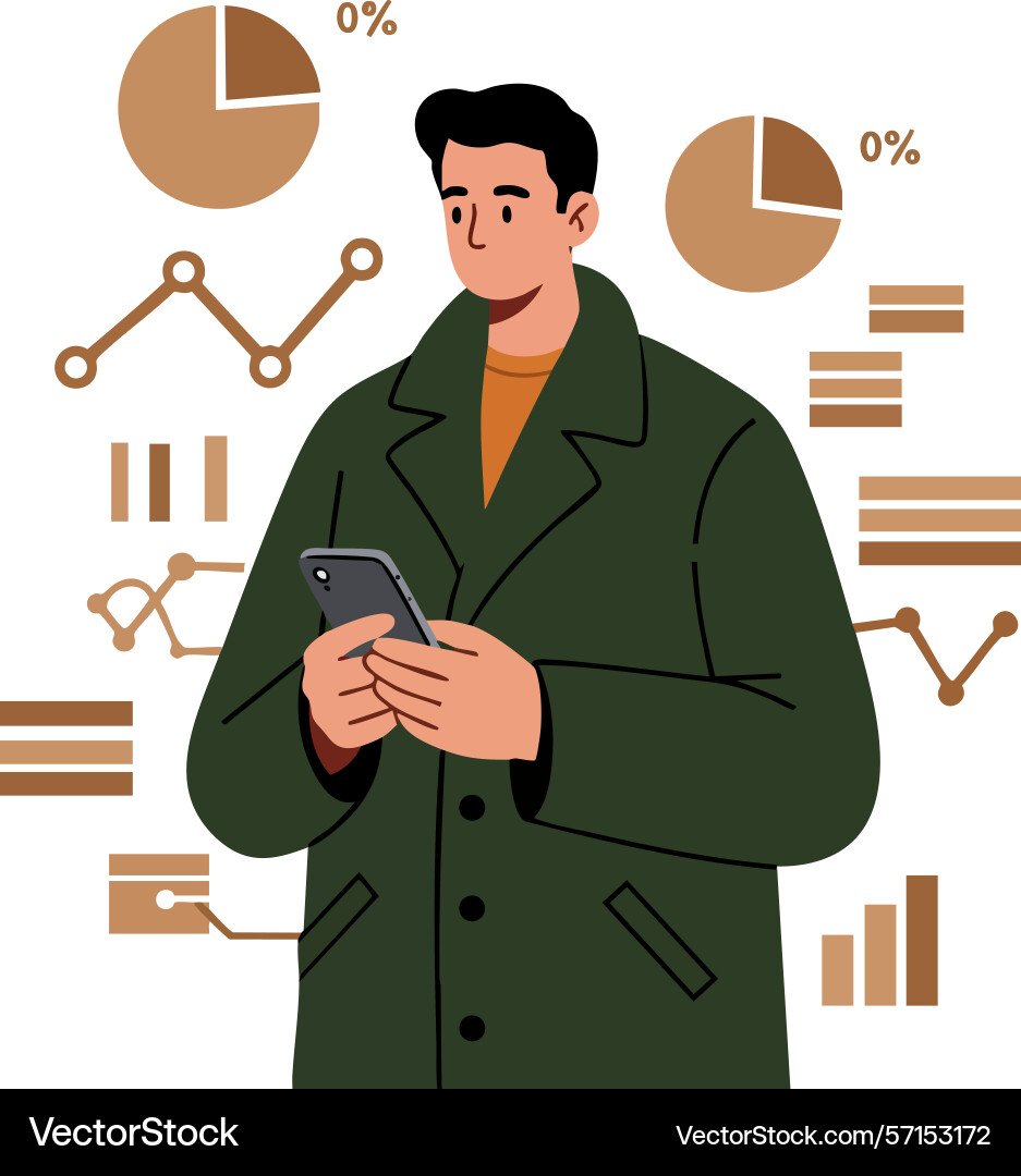 Man using smartphone with business data charts Man using smartphone with business data charts Vector Image